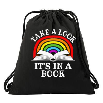 Take A Look Its In A Book Funny Rainbow Reading Book Lover Drawstring Bag