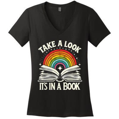 Take A Look A Book Vintage Reading Librarian Rainbow Women's V-Neck T-Shirt