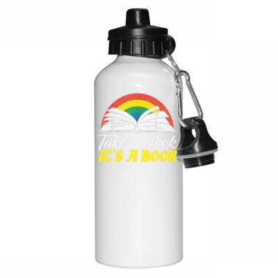 Take A Look Its In A Book Retro Rainbow Bookworms Reading Meaningful Gift Aluminum Water Bottle 