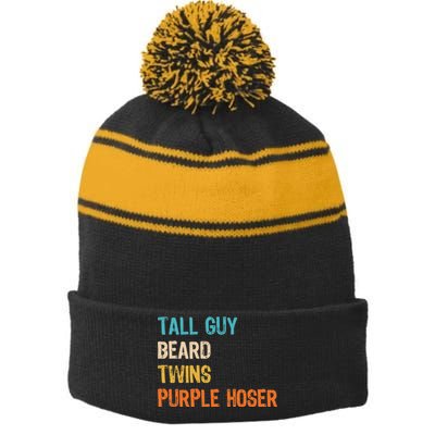 Tall Guy Beard Twins Purple Hoser Stripe Pom Pom Beanie