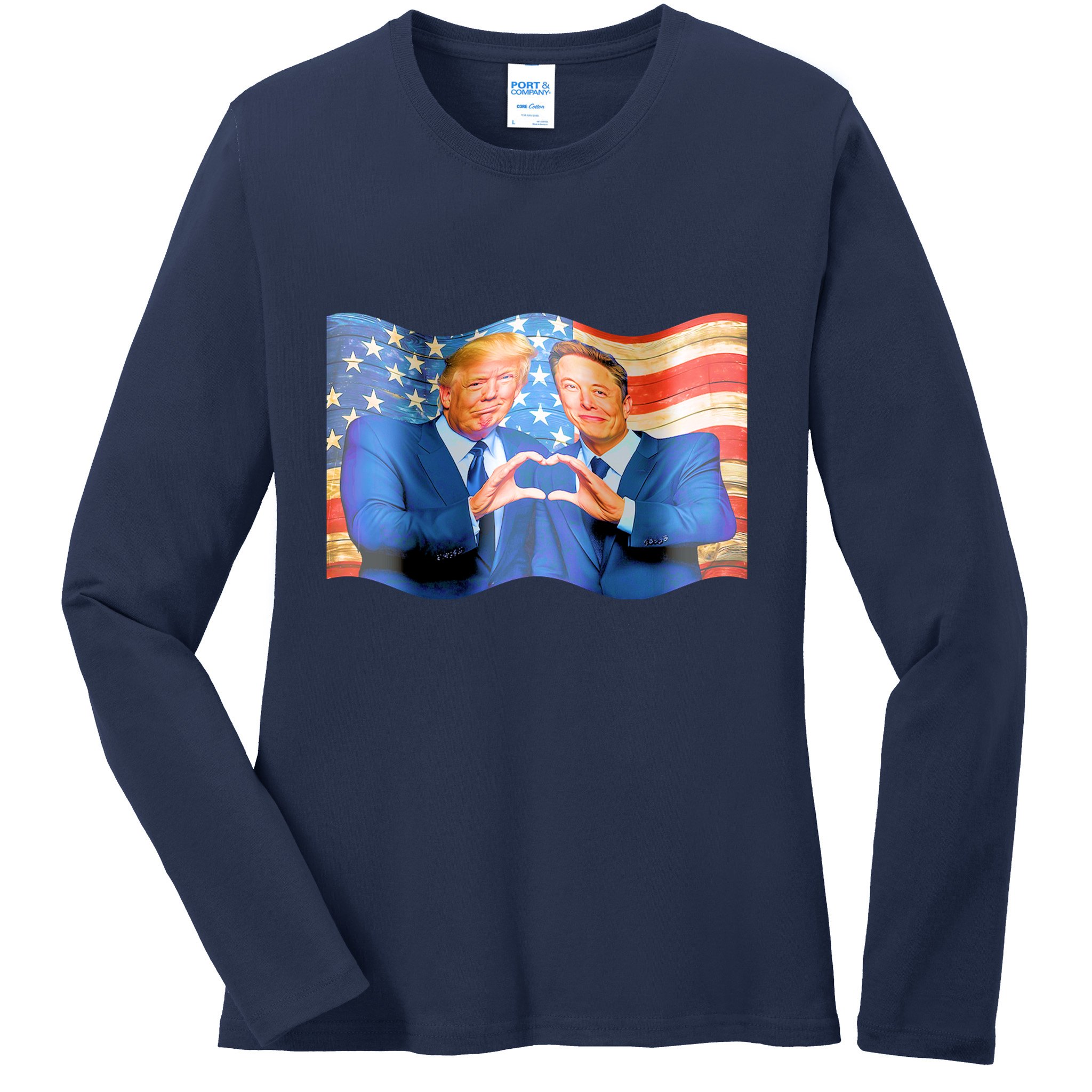 Trump And Musk One Heart Team Funny United States Flag Ladies Long Sleeve Shirt