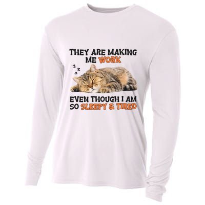 The Are Making Me Work Even Though I Am So Sleepy And Tired Cute Cat Cooling Performance Long Sleeve Crew