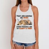 The Are Making Me Work Even Though I Am So Sleepy And Tired Cute Cat Women's Knotted Racerback Tank