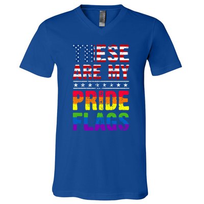 These Are My Pride Flags Us Flag Lgbt Pride Gift V-Neck T-Shirt