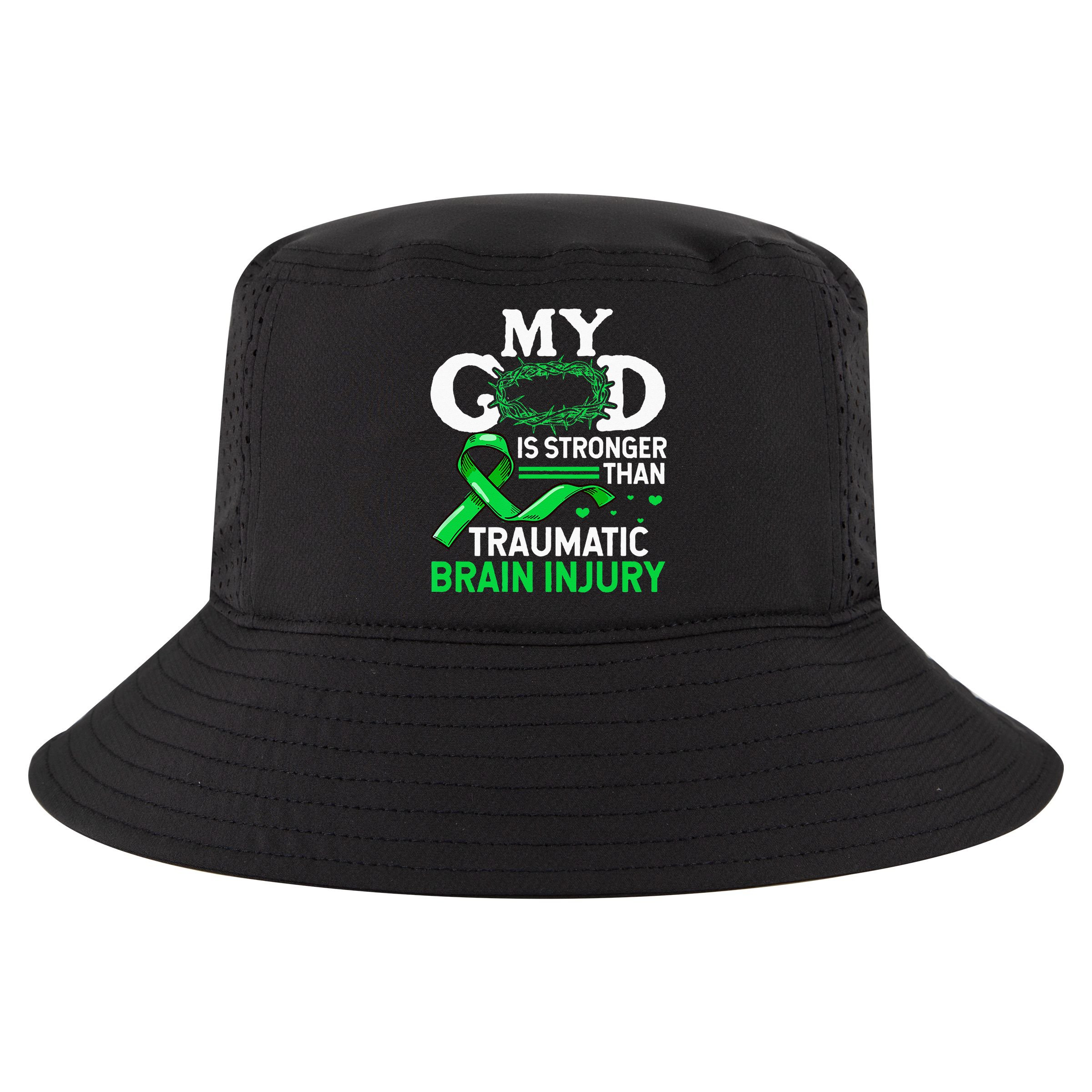 TBI Awareness My God Is Stronger Than Traumatic Brain Injury Cool Comfort Performance Bucket Hat