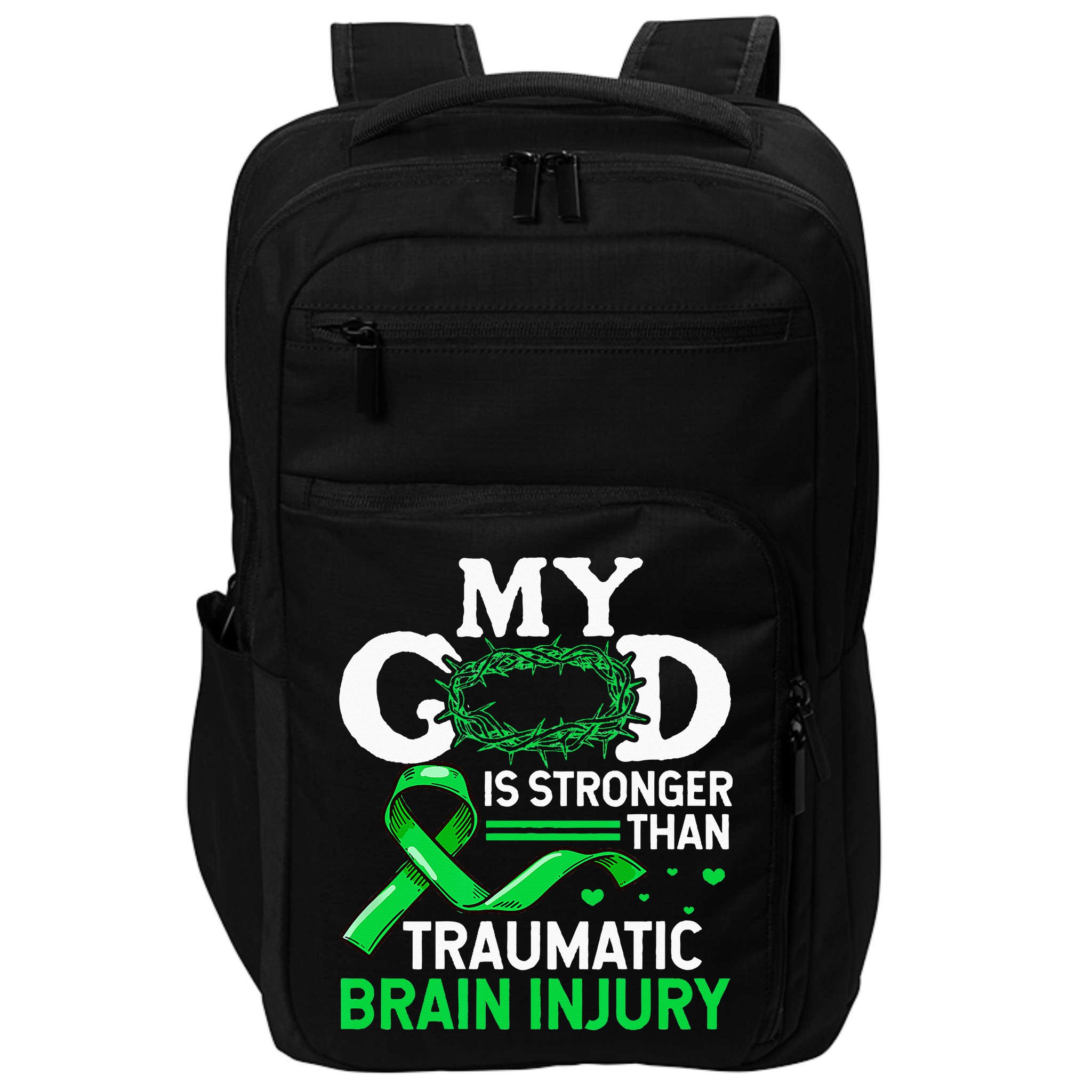 TBI Awareness My God Is Stronger Than Traumatic Brain Injury Impact Tech Backpack
