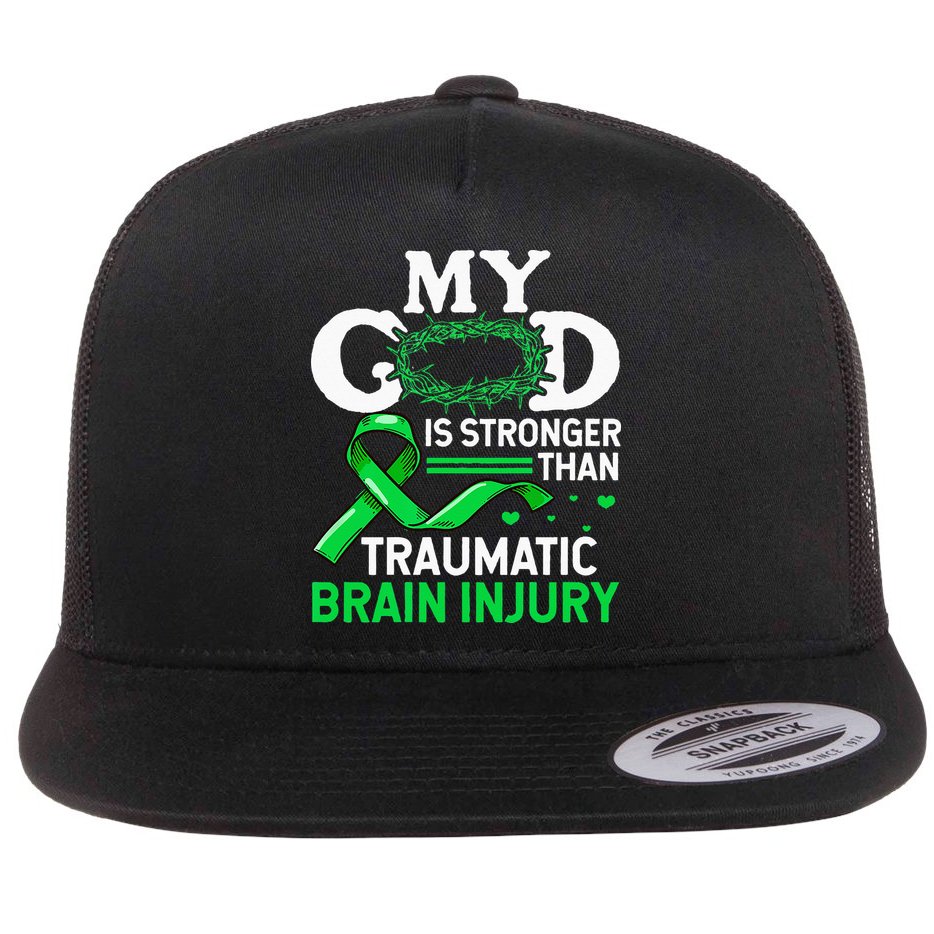 TBI Awareness My God Is Stronger Than Traumatic Brain Injury Flat Bill Trucker Hat