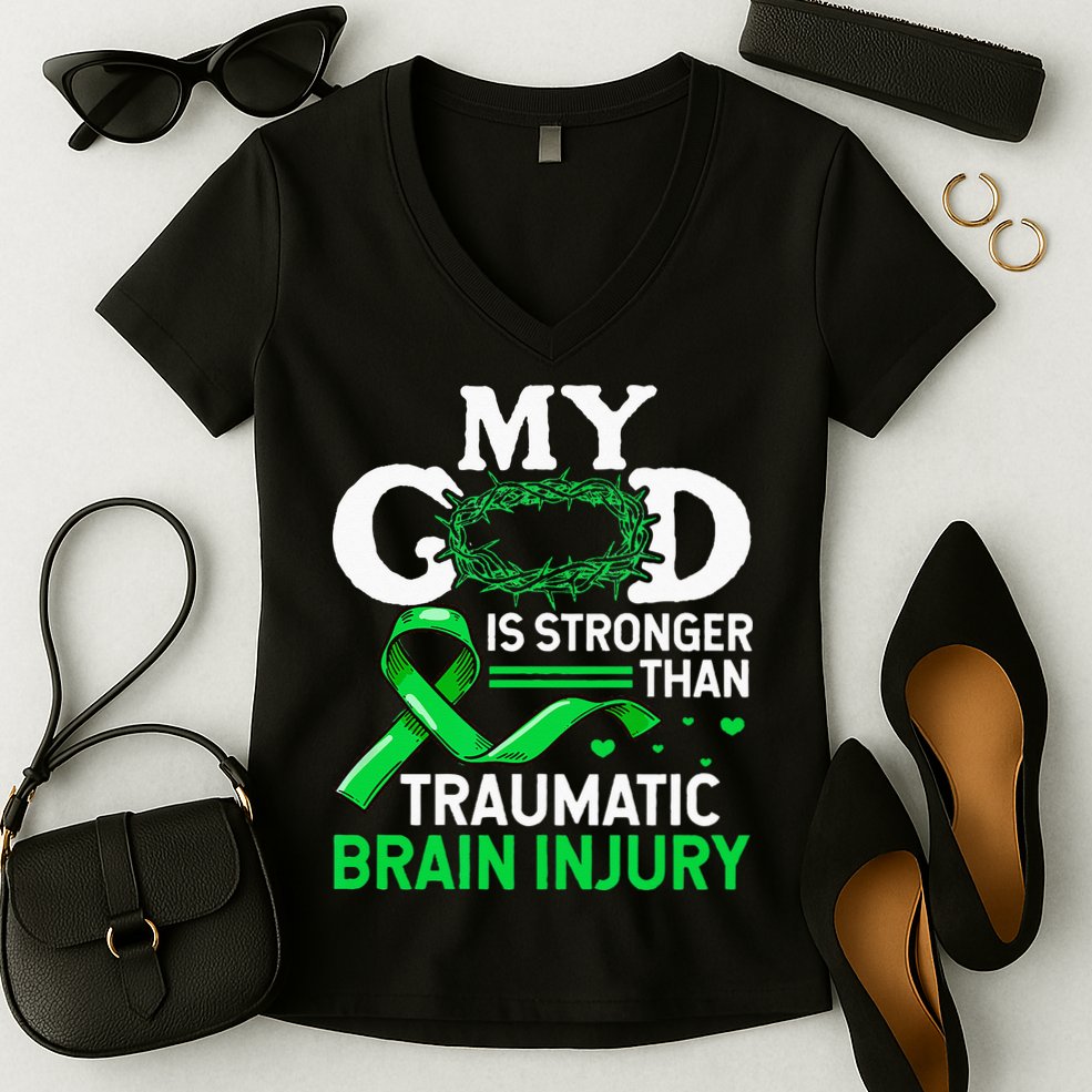 TBI Awareness My God Is Stronger Than Traumatic Brain Injury Women's V-Neck T-Shirt