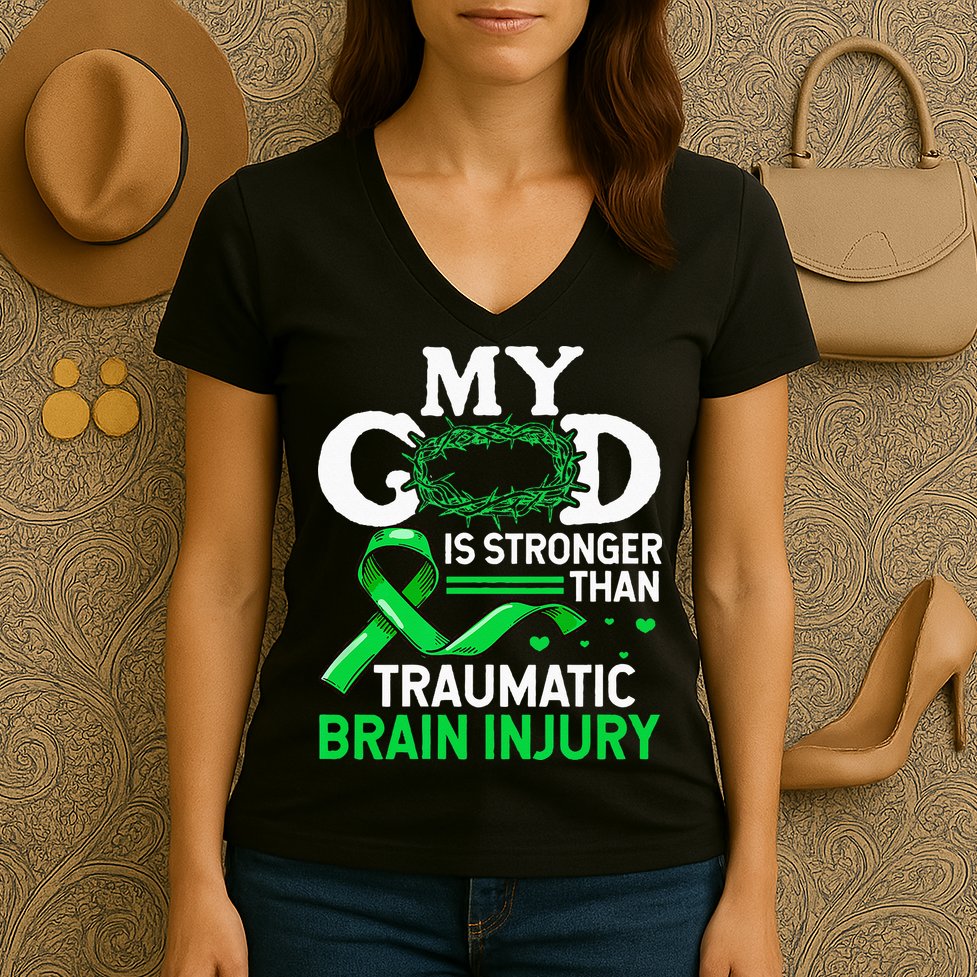 TBI Awareness My God Is Stronger Than Traumatic Brain Injury Women's V-Neck T-Shirt