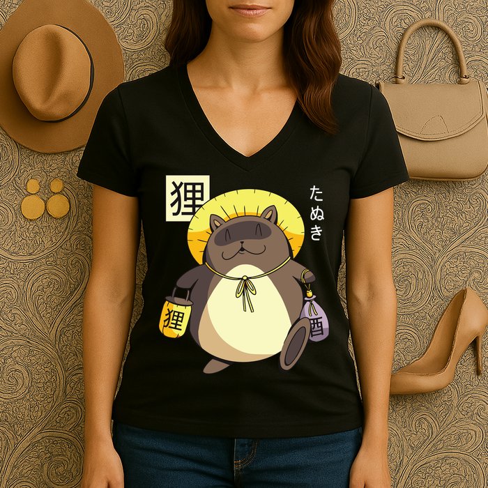 Tanuki Yokai Women's V-Neck T-Shirt