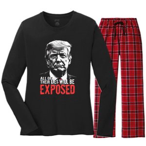 Trump All Of Their Lies Will Be Exposed Take America 2024 Women's Long Sleeve Flannel Pajama Set 