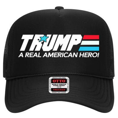 Trump A Real American Hero High Crown Mesh Back Trucker Hat