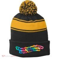 There's A Rainbow After The Rain Mental Health Awareness Stripe Pom Pom Beanie