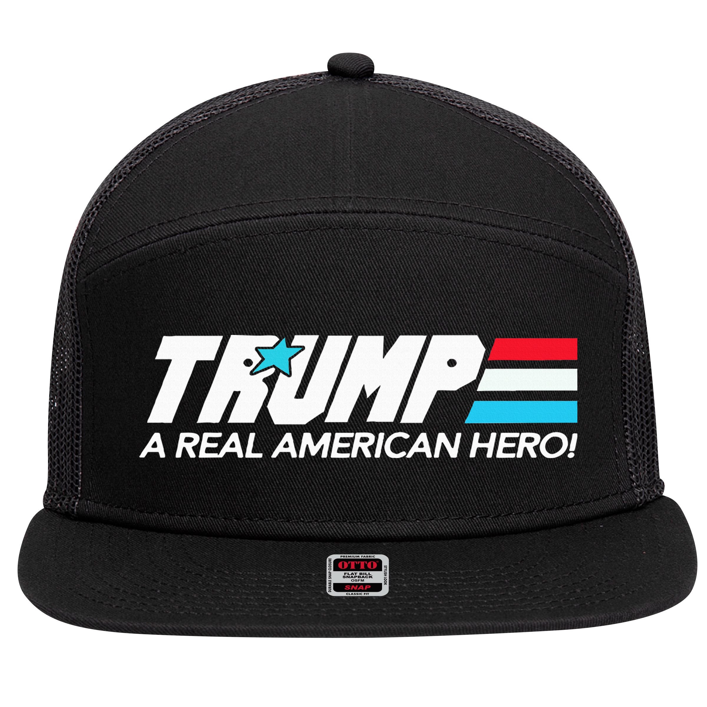 Trump A Real American Hero 7 Panel Mesh Trucker Snapback Hat