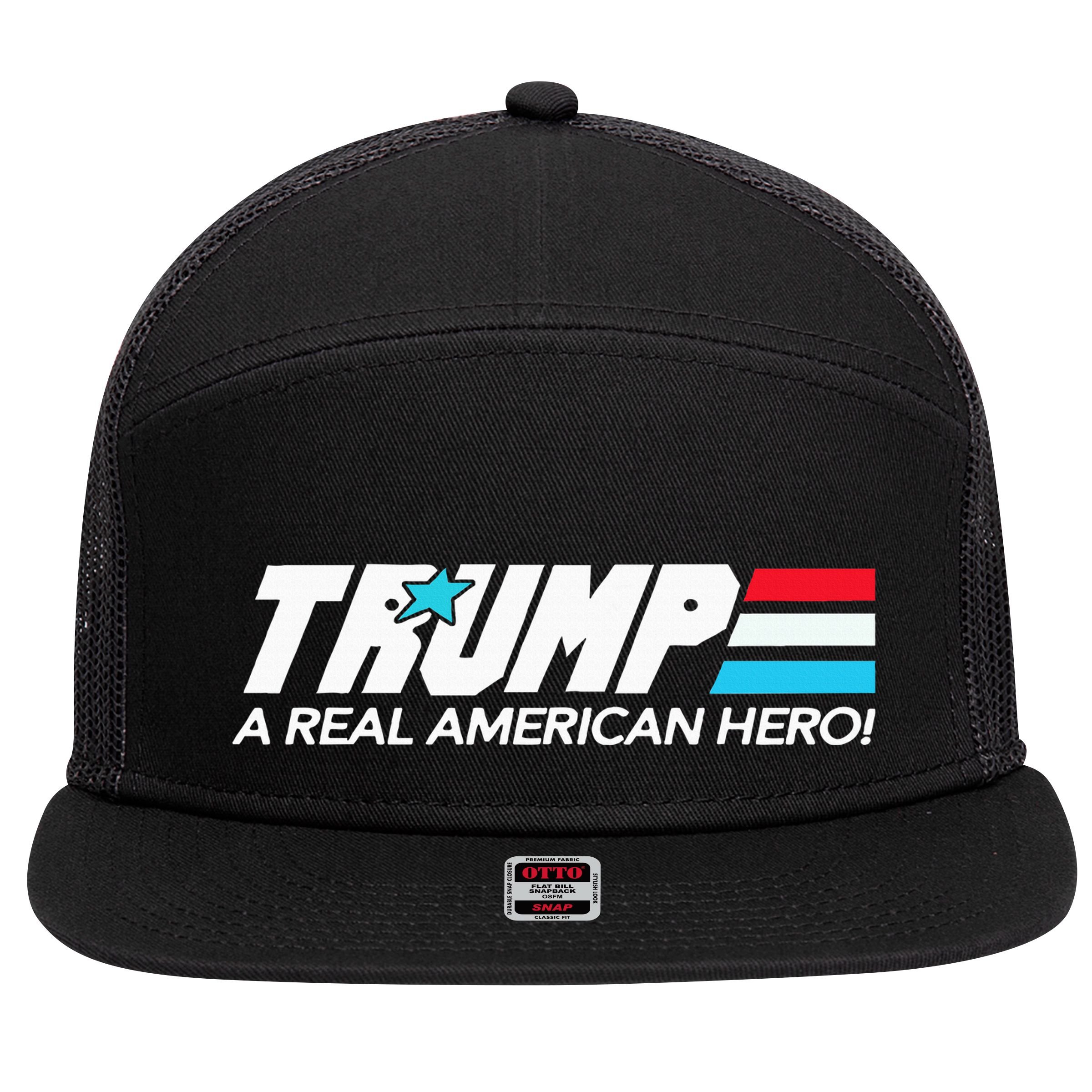 Trump A Real American Hero 7 Panel Mesh Trucker Snapback Hat
