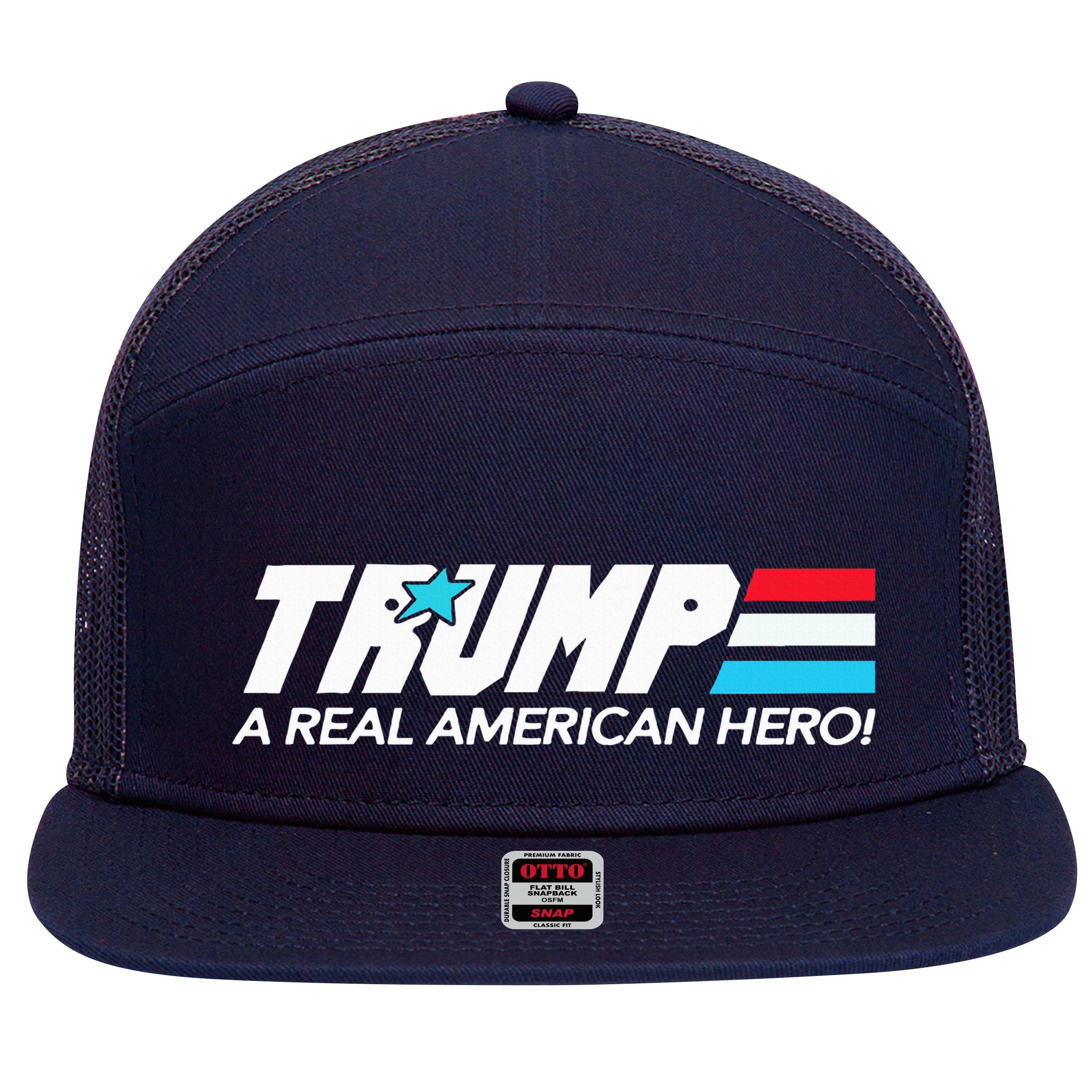 Trump A Real American Hero 7 Panel Mesh Trucker Snapback Hat