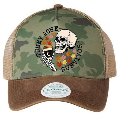 Tummy Ache Survivor Funny Skeleton Drinking Coffee In Autumn Fall Season Legacy Tie Dye Trucker Hat