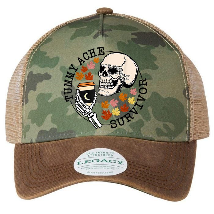 Tummy Ache Survivor Funny Skeleton Drinking Coffee In Autumn Fall Season Legacy Tie Dye Trucker Hat