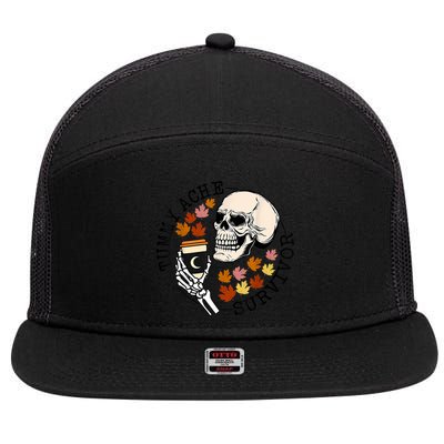Tummy Ache Survivor Funny Skeleton Drinking Coffee In Autumn Fall Season 7 Panel Mesh Trucker Snapback Hat