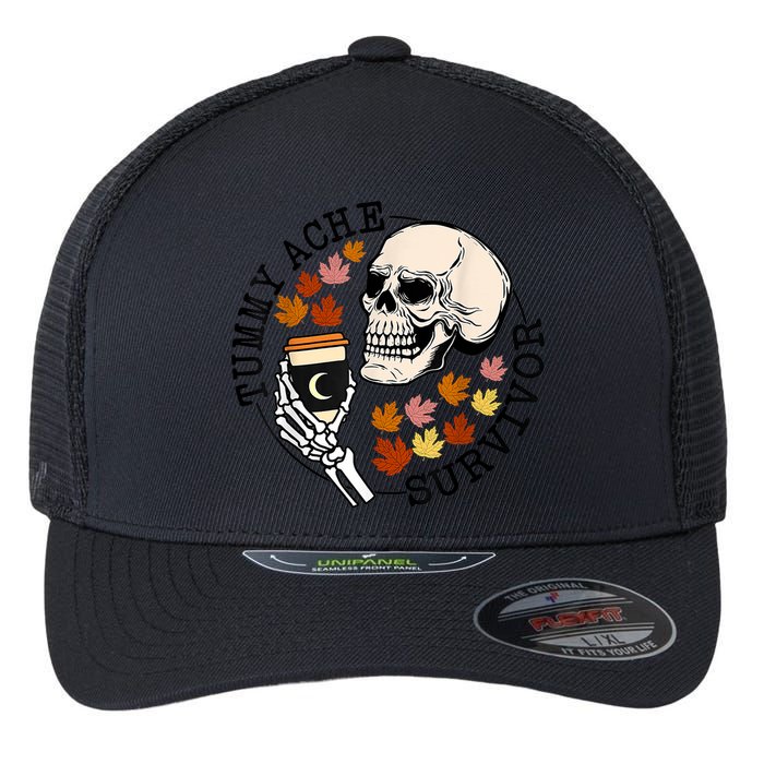 Tummy Ache Survivor Funny Skeleton Drinking Coffee In Autumn Fall Season Flexfit Unipanel Trucker Cap
