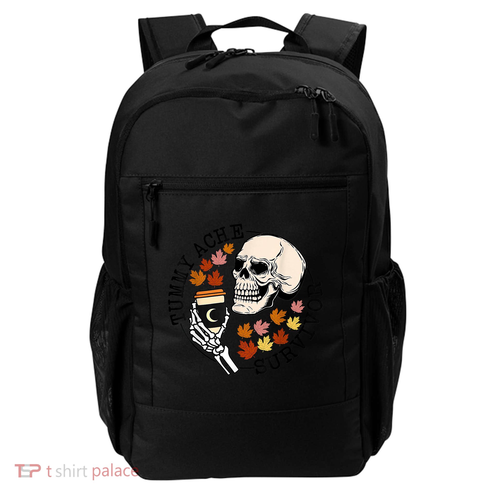 Tummy Ache Survivor Funny Skeleton Drinking Coffee In Autumn Fall Season Backpack