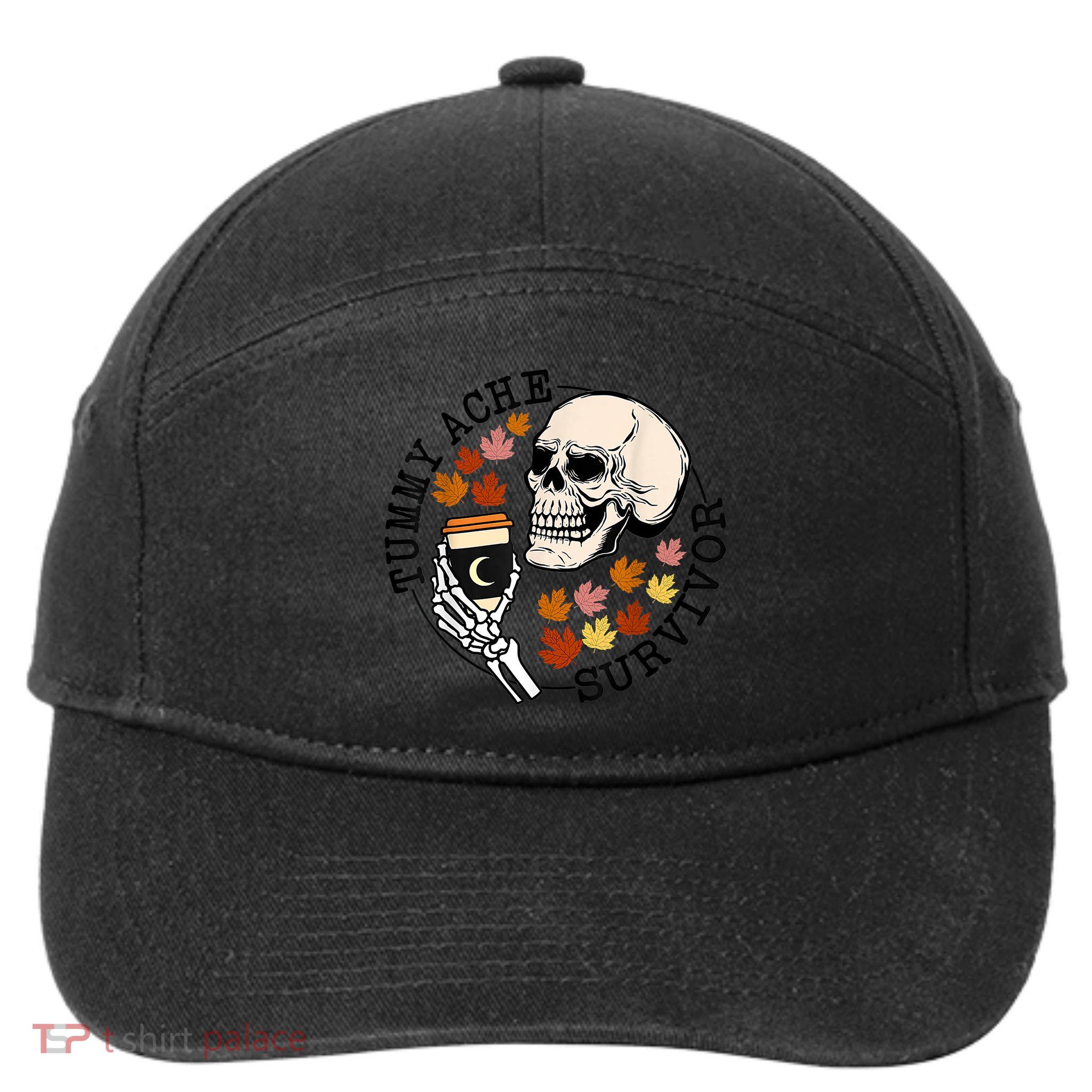 Tummy Ache Survivor Funny Skeleton Drinking Coffee In Autumn Fall Season 7-Panel Snapback Hat