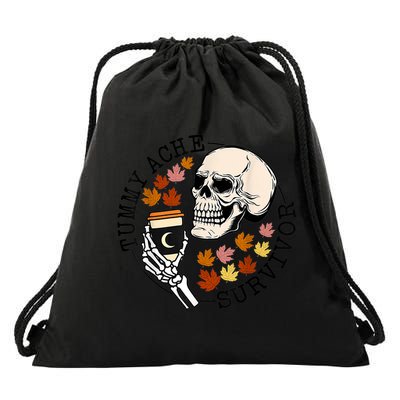 Tummy Ache Survivor Funny Skeleton Drinking Coffee In Autumn Fall Season Drawstring Bag