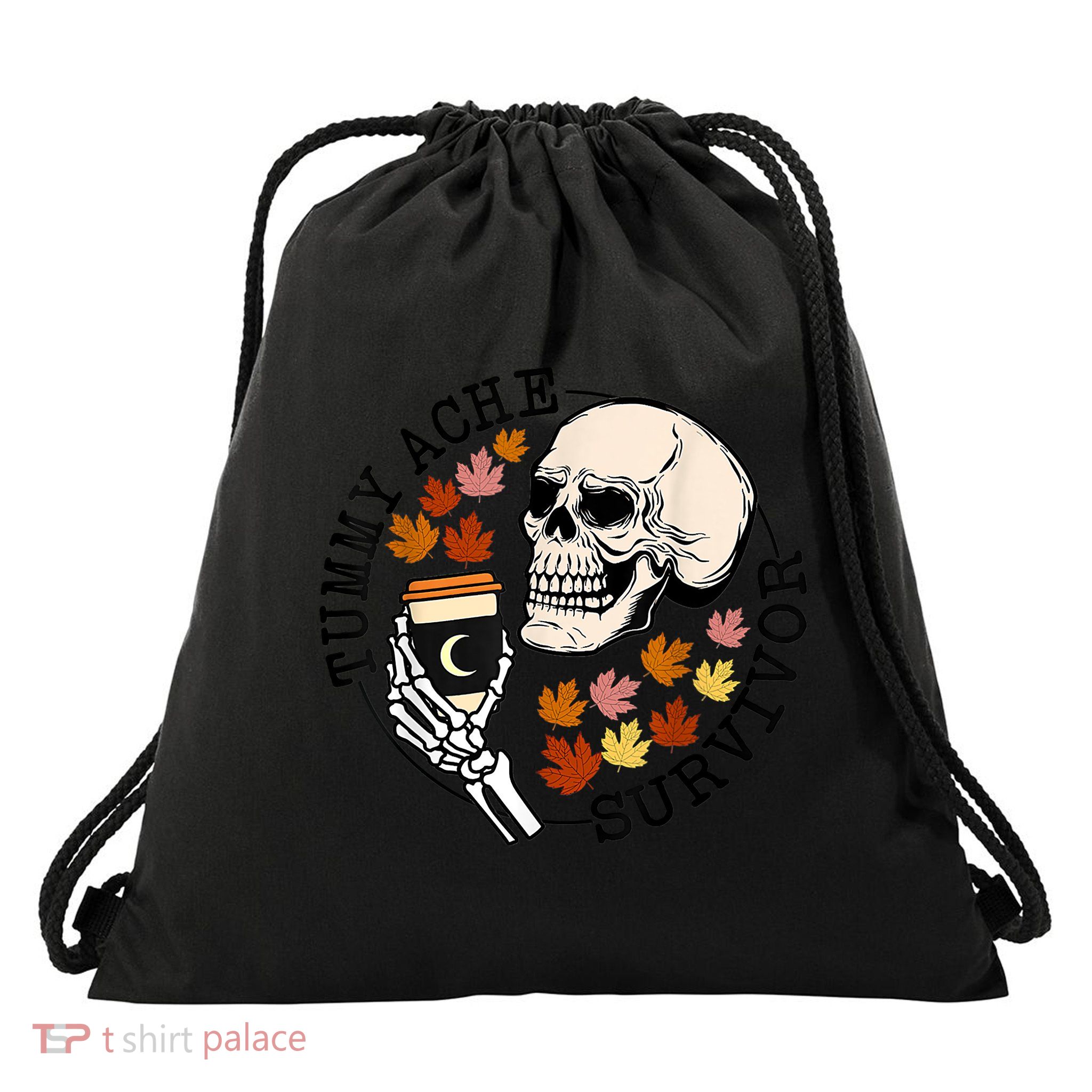 Tummy Ache Survivor Funny Skeleton Drinking Coffee In Autumn Fall Season Drawstring Bag