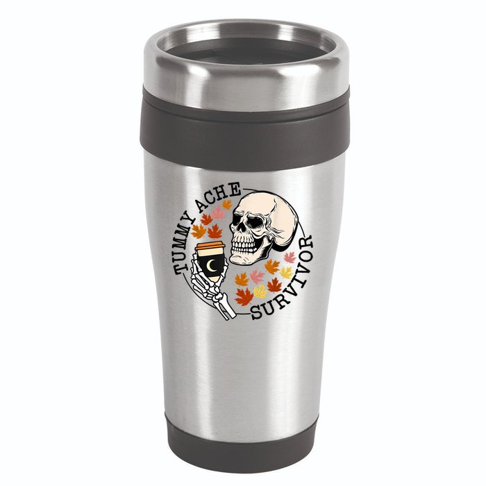 Tummy Ache Survivor Funny Skeleton Drinking Coffee In Autumn Fall Season 16oz Travel Tumbler