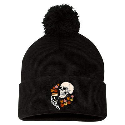 Tummy Ache Survivor Funny Skeleton Drinking Coffee In Autumn Fall Season Pom Pom 12in Knit Beanie