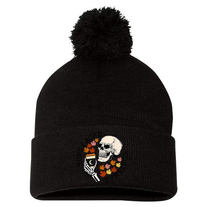 Tummy Ache Survivor Funny Skeleton Drinking Coffee In Autumn Fall Season Pom Pom 12in Knit Beanie