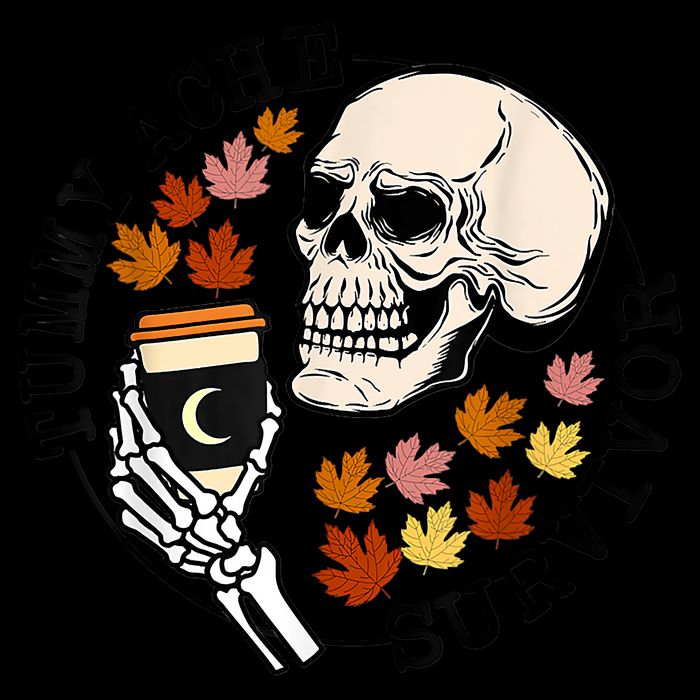 Tummy Ache Survivor Funny Skeleton Drinking Coffee In Autumn Fall Season Pom Pom 12in Knit Beanie