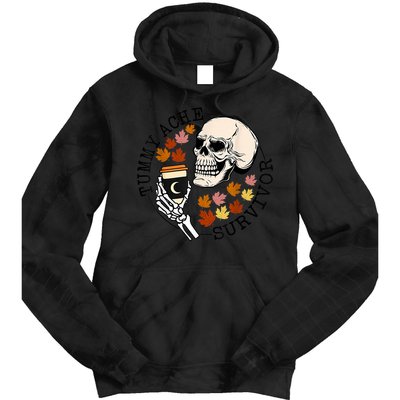 Tummy Ache Survivor Funny Skeleton Drinking Coffee In Autumn Fall Season Tie Dye Hoodie