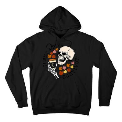 Tummy Ache Survivor Funny Skeleton Drinking Coffee In Autumn Fall Season Tall Hoodie