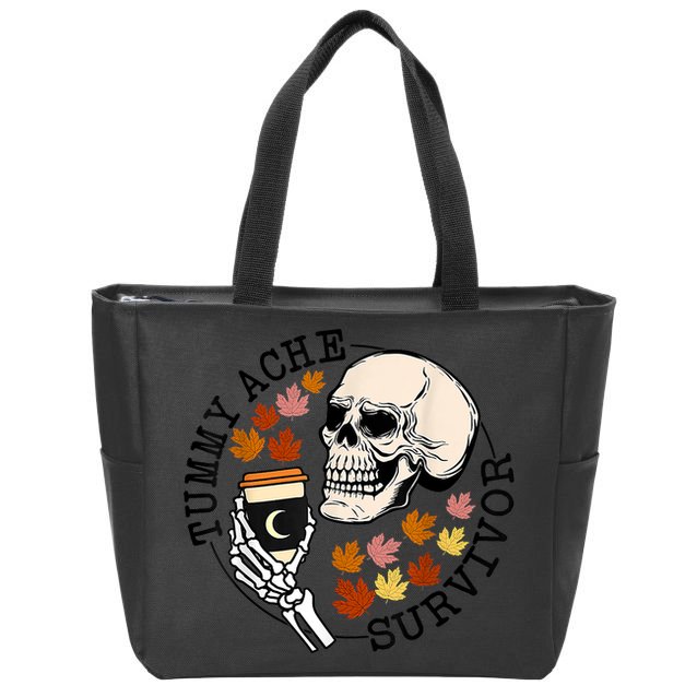 Tummy Ache Survivor Funny Skeleton Drinking Coffee In Autumn Fall Season Zip Tote Bag