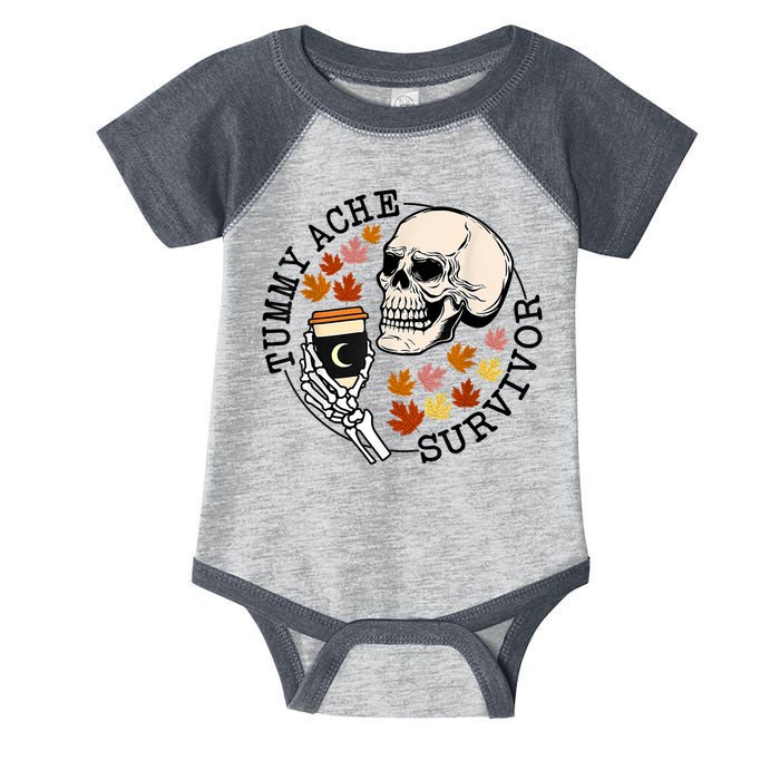 Tummy Ache Survivor Funny Skeleton Drinking Coffee In Autumn Fall Season Infant Baby Jersey Bodysuit
