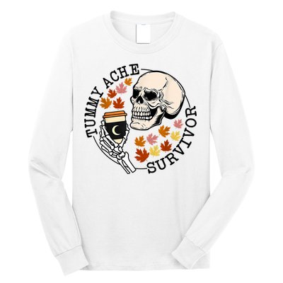 Tummy Ache Survivor Funny Skeleton Drinking Coffee In Autumn Fall Season Long Sleeve Shirt