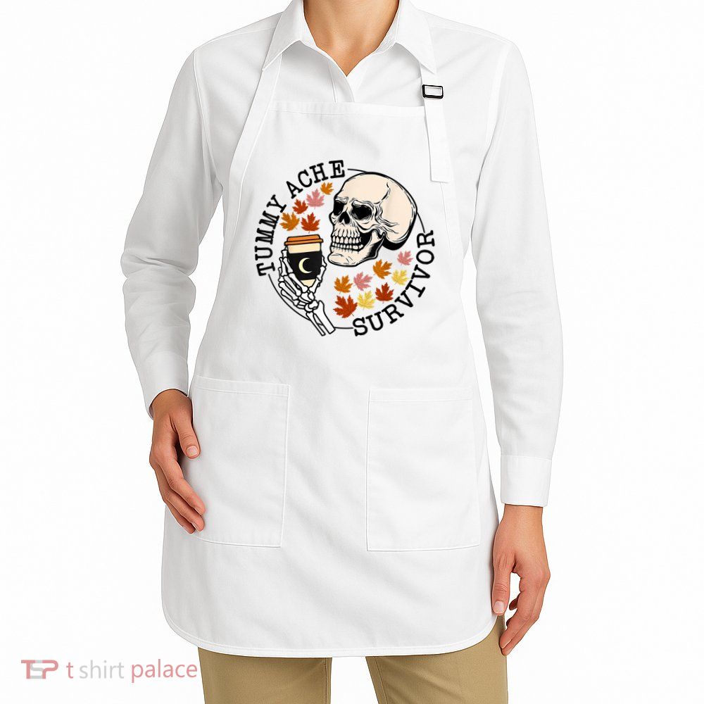 Tummy Ache Survivor Funny Skeleton Drinking Coffee In Autumn Fall Season Apron