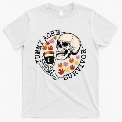 Tummy Ache Survivor Funny Skeleton Drinking Coffee In Autumn Fall Season T-Shirt