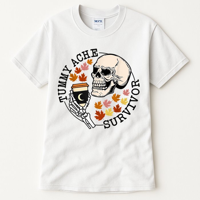 Tummy Ache Survivor Funny Skeleton Drinking Coffee In Autumn Fall Season Tall T-Shirt