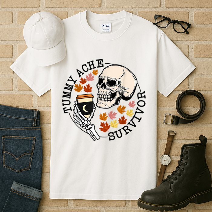 Tummy Ache Survivor Funny Skeleton Drinking Coffee In Autumn Fall Season Tall T-Shirt