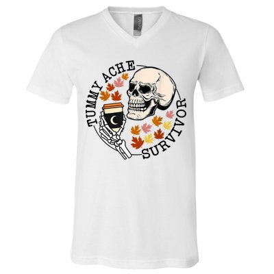 Tummy Ache Survivor Funny Skeleton Drinking Coffee In Autumn Fall Season V-Neck T-Shirt