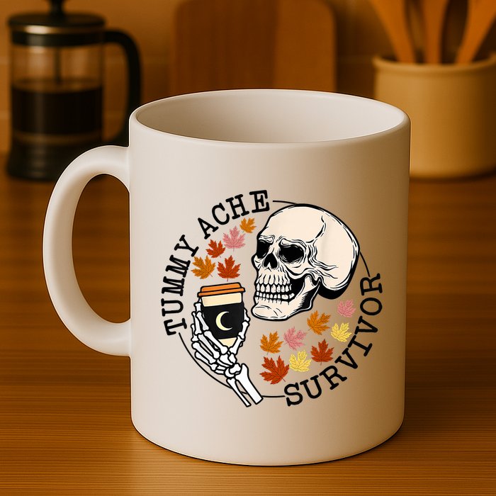Tummy Ache Survivor Funny Skeleton Drinking Coffee In Autumn Fall Season Mug
