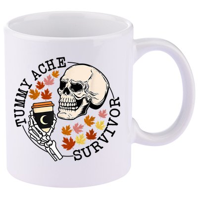 Tummy Ache Survivor Funny Skeleton Drinking Coffee In Autumn Fall Season 11oz C Handle Ceramic Mug