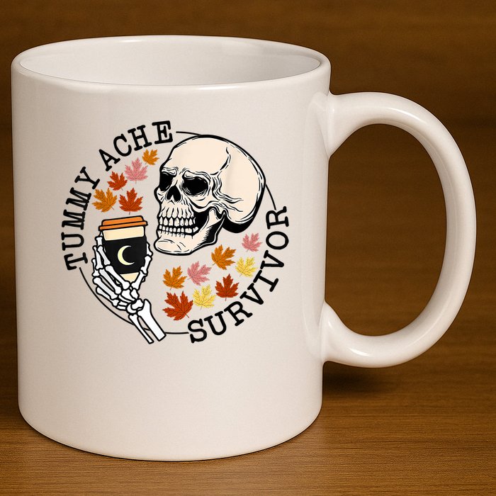 Tummy Ache Survivor Funny Skeleton Drinking Coffee In Autumn Fall Season 11oz C Handle Ceramic Mug