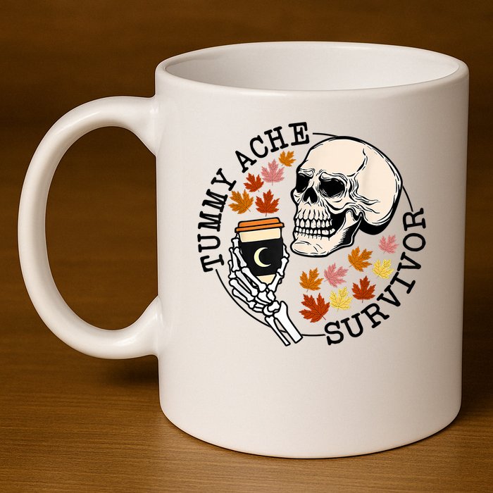 Tummy Ache Survivor Funny Skeleton Drinking Coffee In Autumn Fall Season 11oz C Handle Ceramic Mug