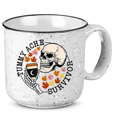 Tummy Ache Survivor Funny Skeleton Drinking Coffee In Autumn Fall Season 15oz Campfire Ceramic Mug
