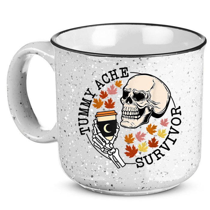 Tummy Ache Survivor Funny Skeleton Drinking Coffee In Autumn Fall Season 15oz Campfire Ceramic Mug