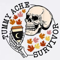 Tummy Ache Survivor Funny Skeleton Drinking Coffee In Autumn Fall Season Flat Bill Trucker Hat