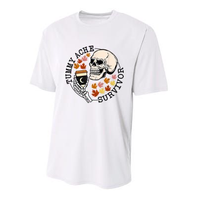Tummy Ache Survivor Funny Skeleton Drinking Coffee In Autumn Fall Season Youth Performance Sprint T-Shirt